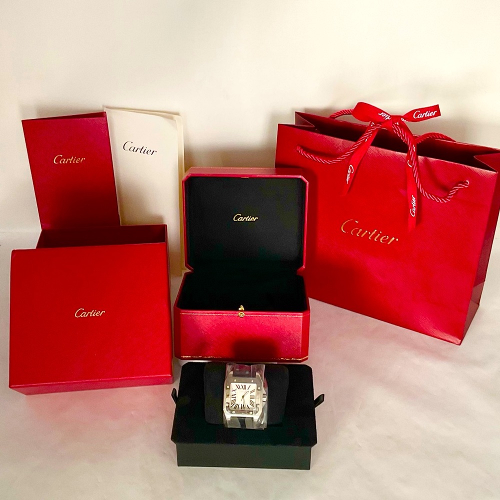 🔥CARTIER STEEL SANTOS 100 WATCH W20073X8 ALLIGATOR LEATHER RETAILER REFURBISHED